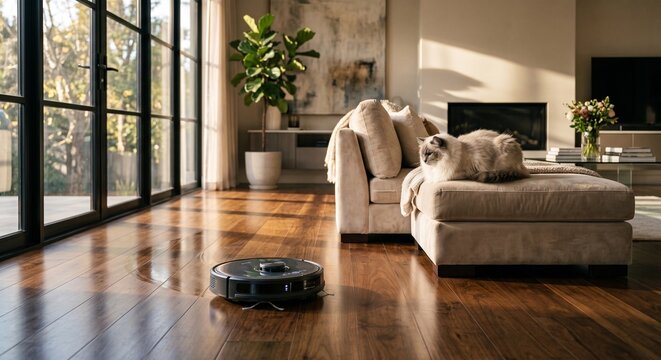 Robot vacuum cleaner cleaning wooden floor in modern living room with cat sitting on sofa