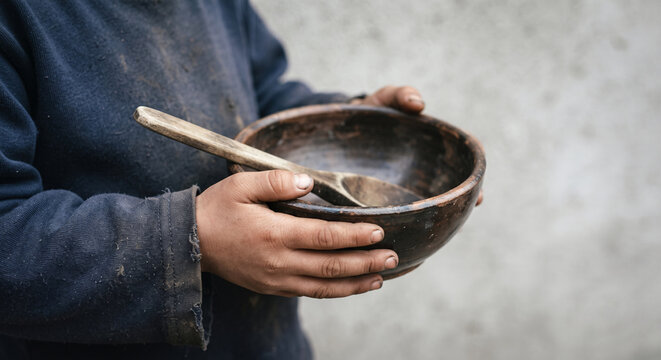 Close up of poor hungry child hands holding an empty wooden bowl and spoon concept of poverty