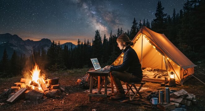 Digital nomad working on laptop at night campsite with campfire and tourist tent under starry sky