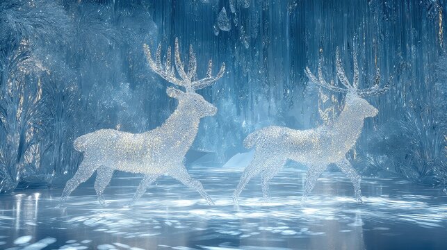 Sparkling Ice Wonderland with Glowing Reindeer in Winter Scene