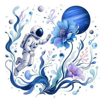 Astronaut floating weightless in space beside a giant brilliant blue cosmic rose and deep blue planet, surreal space flora fantasy and celestial zodiac graphic illustration for POD design