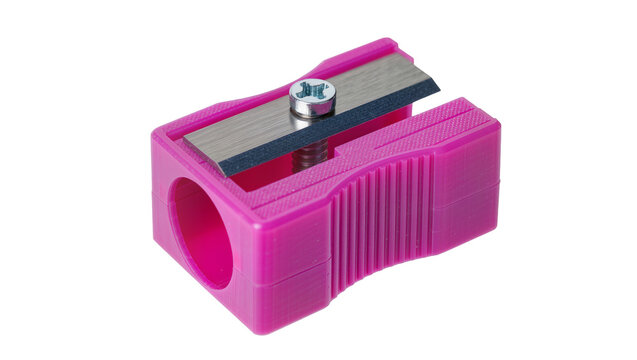 Bright pink plastic pencil sharpener with metal blade, isolated on transparent background