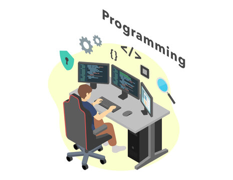 アイソメトリックイラスト：デスクトップパソコンでコーディングする男性(アイコン)