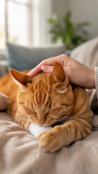 Orange tabby cat rests on soft blanket while human hand gently strokes its head, eyes closing as white wrap remains visible around front foreleg in bright home interior