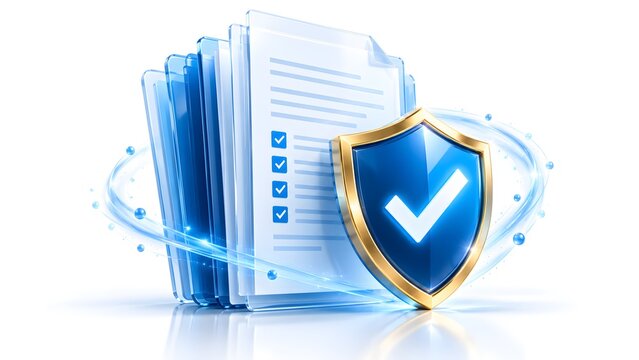 Glowing blue shield with checkmark protecting stack of digital documents representing data security and compliance certification