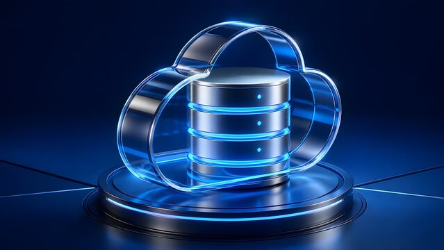 Transparent glass cloud computing icon containing glowing database servers on a high-tech pedestal representing modern digital storage solutions.