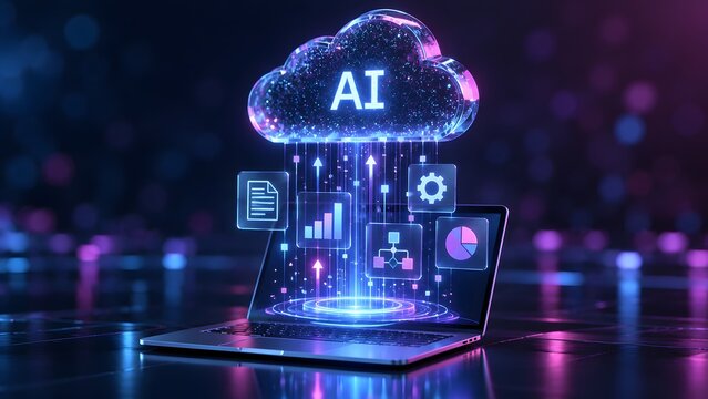 Futuristic laptop connecting to an artificial intelligence cloud network with glowing digital data icons illustrating machine learning and data processing.
