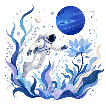 Astronaut floating in outer space surrounded by glowing blue cosmic flowers and surreal alien flora near a deep blue planet, creative science fiction fantasy concept design for print on demand