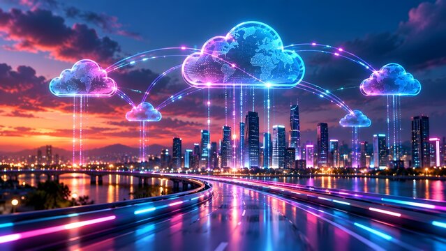 Futuristic smart city connected to a global cloud computing network with glowing data streams highlighting modern urban technology and communication.