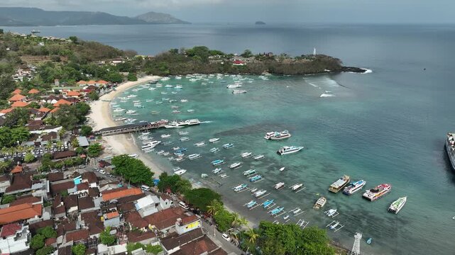 Aerial view of the natural scenery of the beach at Patang Bai Port, Bali, Indonesia
