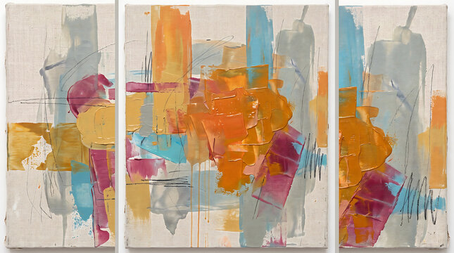 Triptych Abstract Painting with Warm Colors