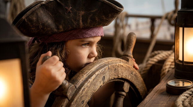 A young boy dressed as a captain on a ship, steering the wheel and learning to talk like a pirate during a fun adventure on the high seas