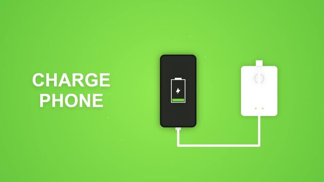 Smartphone battery charging animation with power bank on green background
