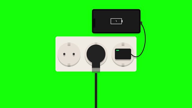 Smartphone charging with cable plugged into wall electrical socket illustration