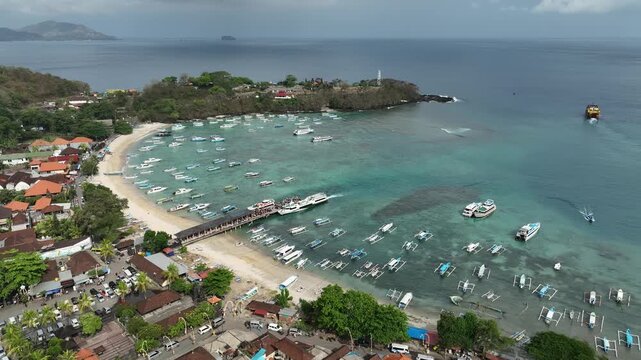 Aerial view of the natural scenery of the beach at Patang Bai Port, Bali, Indonesia