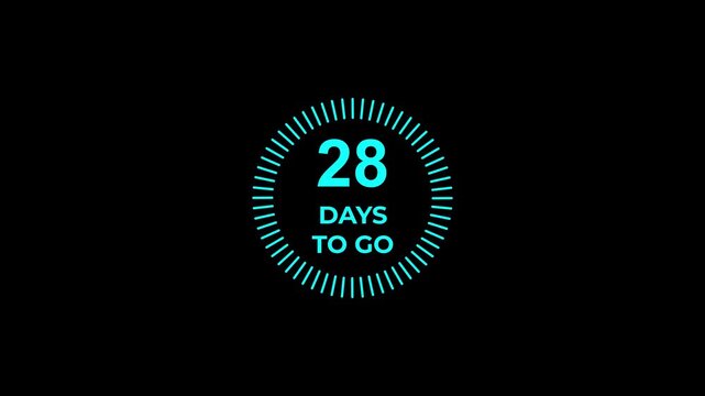 Countdown timer with glowing circle and 28 days to go notification in dark background