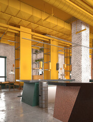 Obraz premium 3D render of a modern industrial restaurant interior featuring a bright yellow ceiling, white brick walls, and a bar.