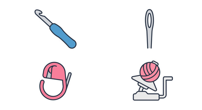 Sewing and knitting tools: crochet hook, needle, safety pin, yarn winder