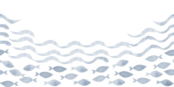Seamless pattern of a shoal of small silver fishes swimming in stylized white waves on a background school