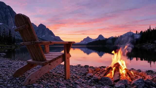 Campfire burns beside rustic chair at sunset, warm flames reflecting on calm alpine lake. Quiet wilderness setting frames cozy camping atmosphere with rocky shore, pine trees, and mountain peaks.
