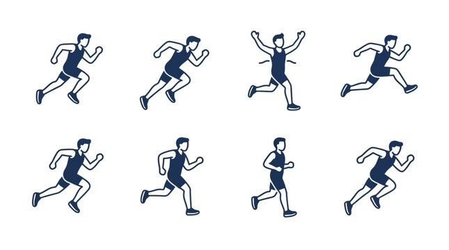 Running man animation sprite sheet, 8 athlete character poses for motion design, navy blue flat vector runner icons