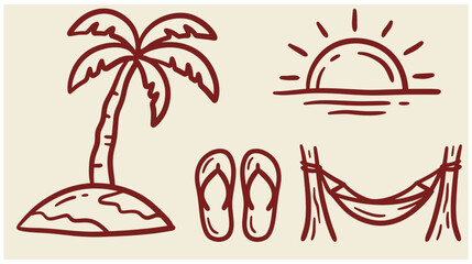 Obraz premium Hand drawn tropical vacation and summer beach doodles with palm tree sunset flip flops hammock tropical vacation illustration collection engraving paradise recreation sunshine