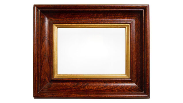 Ornate dark wood picture frame with gold inner border, isolated on transparent background