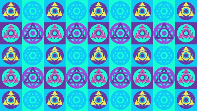 Psychedelic geometric mandala tile pattern background in cyan and purple seamless loop