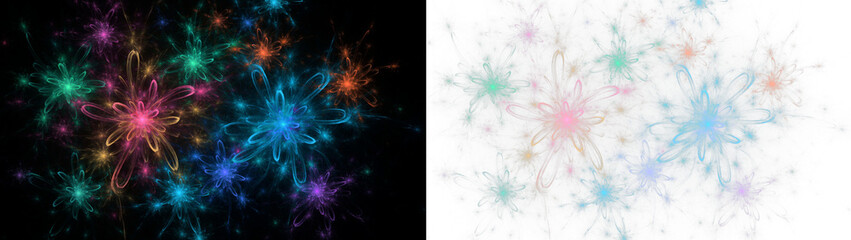Fototapeta premium Abstract fractal flower pattern with glowing neon light effects on black and transparent backgrounds
