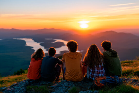 Group of Young People Sitting on Mountaintop Enjoying Breathtaking Sunset over Winding Lake