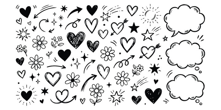Hand drawn doodle set with hearts stars flowers arrows and speech bubbles for creative design