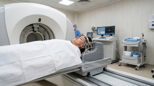 Female Patient Undergoing Advanced Brain Scan with Stereotactic Frame in Modern Medical Facility