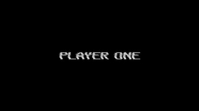 vintage arcade game screen player one glitch text title animation 80s 90s retro 8 bit pixel in background. player one glitch gaming effect
