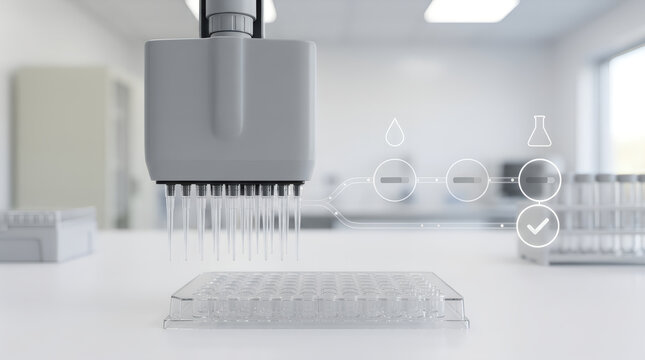 Automated liquid handling pipetting into a microplate for laboratory testing.