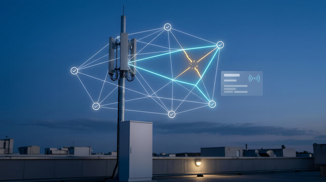Modern cellular network tower with futuristic 3D signal connections at dusk.