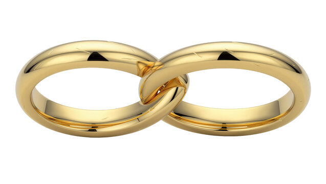 Two polished gold wedding rings interlinked, isolated on transparent background