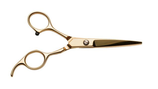 Shiny golden professional hair scissors with finger rest, isolated on transparent background