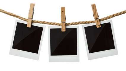 Three blank instant photo prints hanging on a rope with wooden clothespins, isolated on transparent background © Corotaev