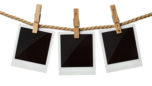 Three blank instant photo prints hanging on a rope with wooden clothespins, isolated on transparent background