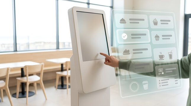 Person using interactive touchscreen kiosk in modern caf ordering food and drinks.