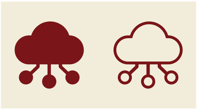 Cloud network icon set featuring solid and outline red connection symbols with nodes node graphic tech sign server element data transfer computing vector solid silhouette connection