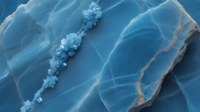 Blue calcite crystals embedded within a fractured layered marble stone formation