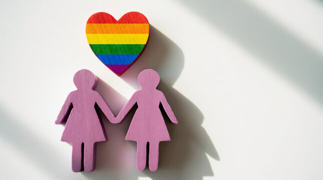 Two purple wooden figures of women holding hands beneath a rainbow-painted heart on a white background.
