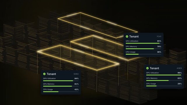 Server Room Monitoring Interface, Data Center Dashboard Animation, GPU Utilization Metrics, Digital Rack Display, Technology Visualization, Network Performance Indicators, Futuristic Data Analytics