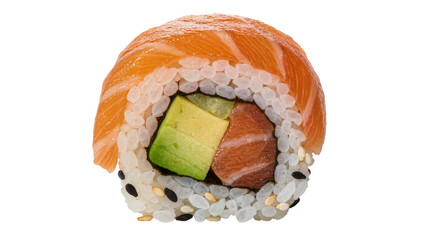 Fresh salmon and avocado sushi roll with white rice and black sesame seeds, isolated on transparent background © Corotaev