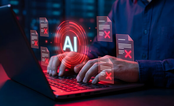 AI hallucination and low response quality concept, businessman typing on computer keyboard, unreliable AI-generated content, reasoning errors, limited accuracy and artificial intelligence challenges
