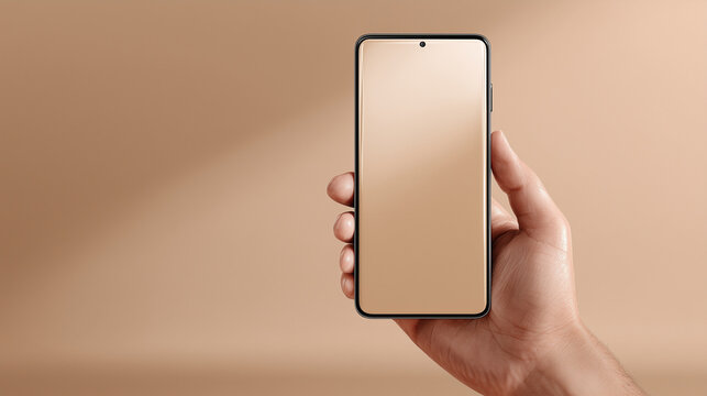 Left hand presenting empty smartphone mockup on clean background, realistic reflections, modern technology concept, commercial stock photo, no logo