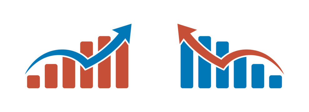 Visual representation of statistical bar charts showing positive growth and negative decline trends using directional arrows for business report analysis and data visualization design.