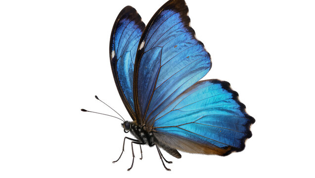 Vibrant blue morpho butterfly with intricate wing patterns, isolated on transparent background