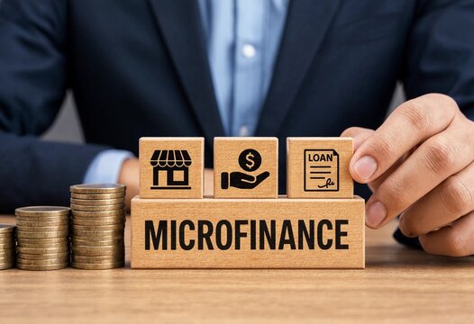 Professional hand arranging microfinance blocks with coins symbolizing small business loans and financial support
